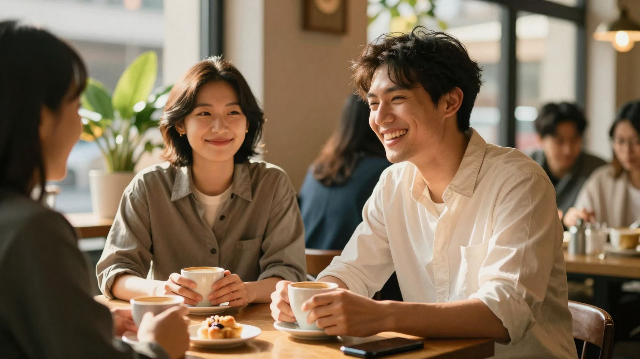 Jovens sorrindo e conversando enquanto tomam café em cafeteria aconchegante durante o dia.