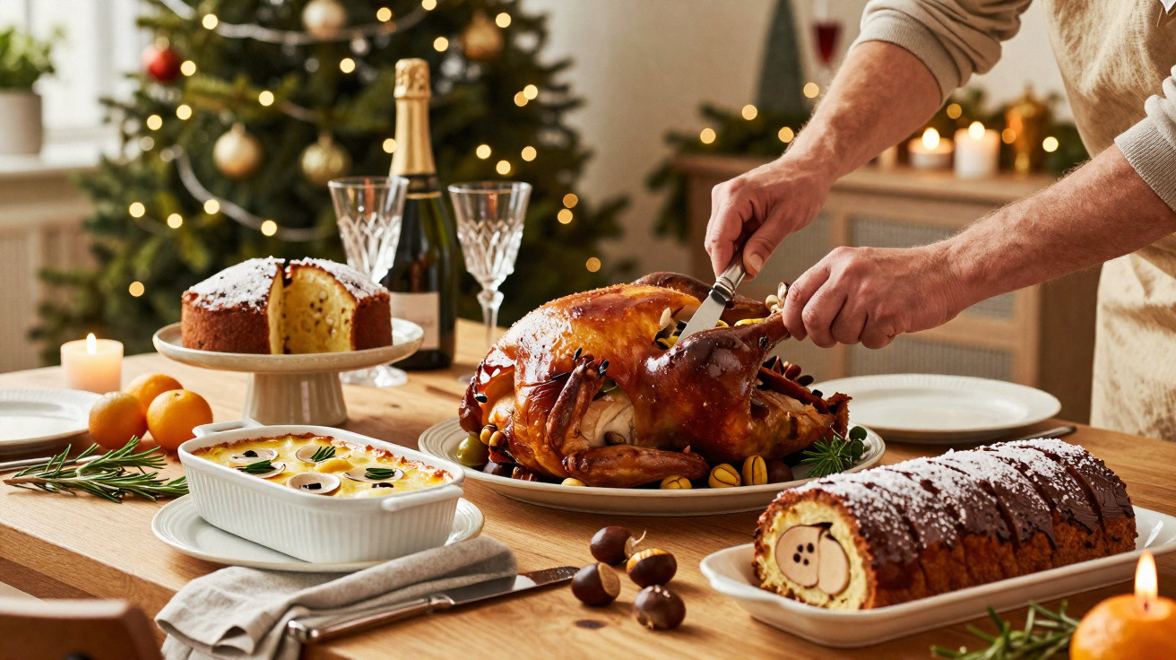 Mesa de Natal com peru, panetone, rocambole, champanhe e decoração com árvore e velas acesas.