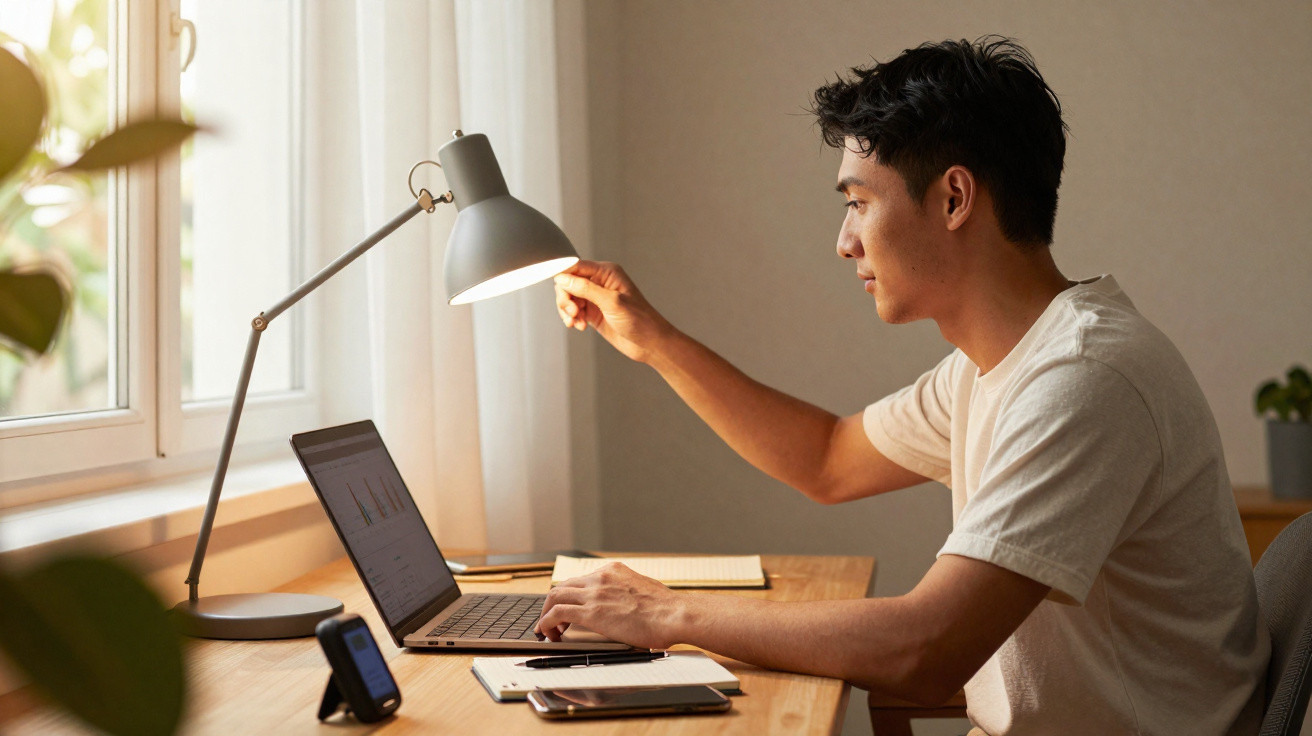 Homem ajusta luminária de mesa enquanto trabalha em notebook perto da janela em ambiente iluminado natural.