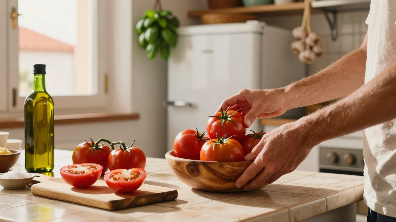 Mãos segurando tomates em uma tigela de madeira em cozinha iluminada, com tomates cortados e garrafa de azeite na bancada.