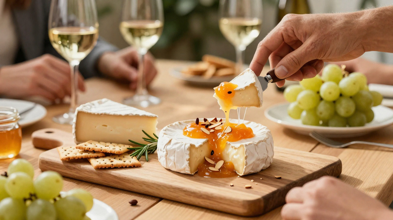 Queijo brie com geleia e amêndoas em tábua de madeira, acompanhado de uvas, biscoitos e vinho branco.