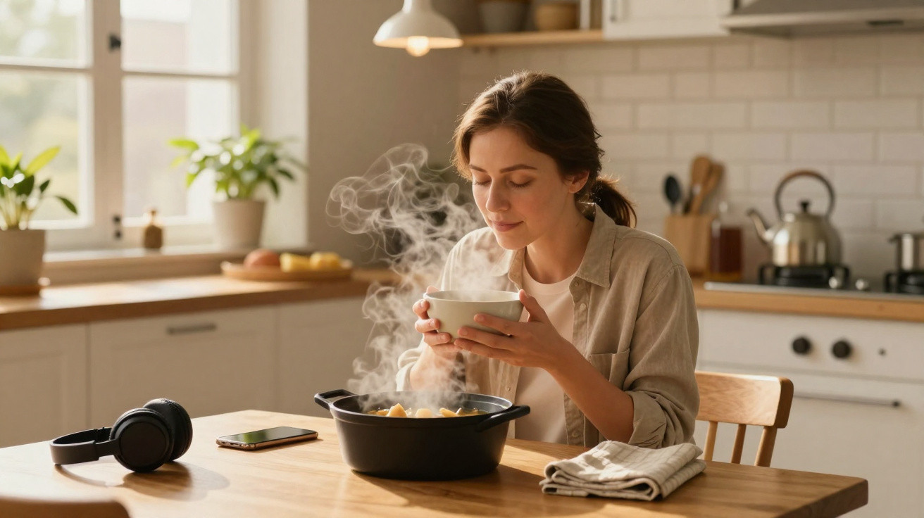 Mulher sentada à mesa na cozinha, cheirando sopa quente em uma tigela com vapor visível.