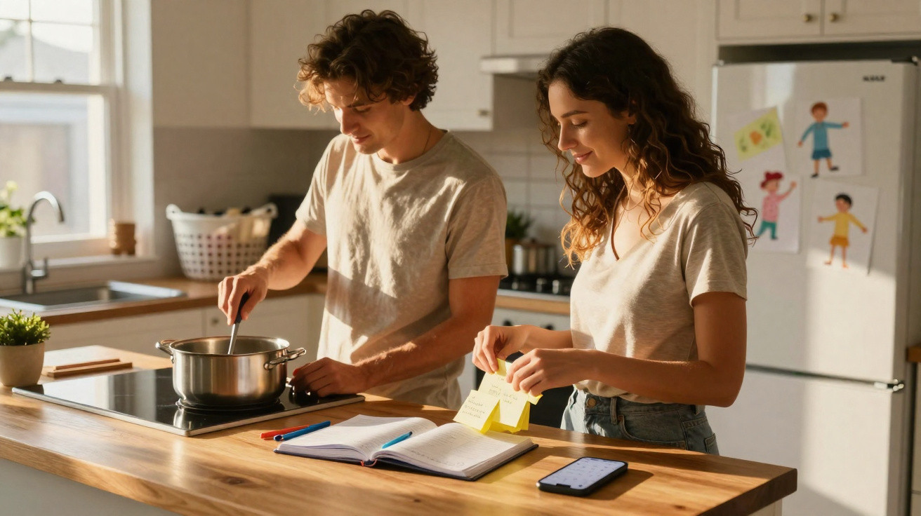 Jovem casal preparando comida na cozinha enquanto consulta anotações e celular sobre o balcão de madeira.
