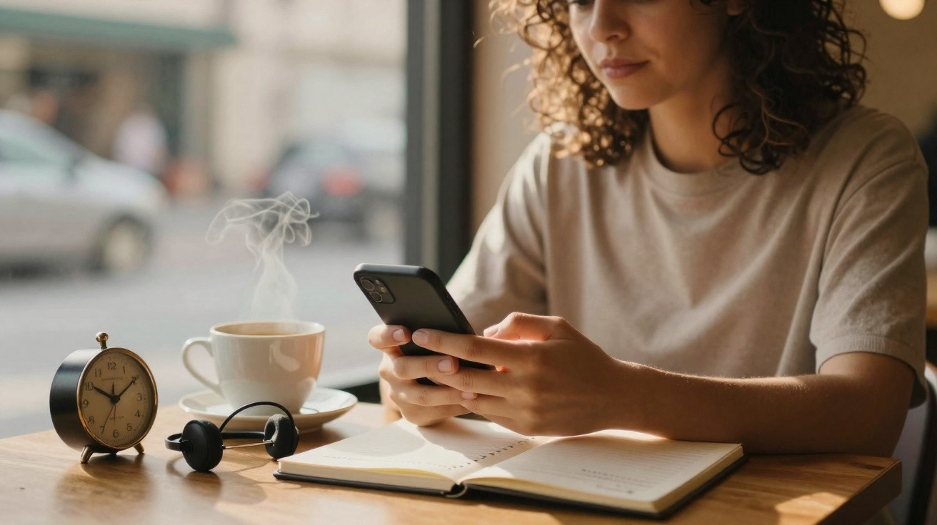 Pessoa lendo celular com café quente, relógio e fones de ouvido em mesa de madeira.