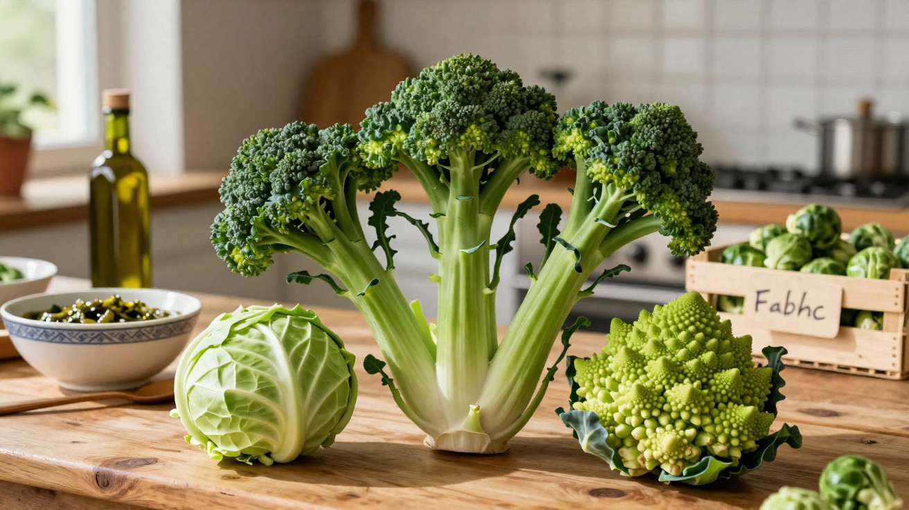 Brócolis, repolho e couve-flor romanesco em bancada de cozinha com fundo desfocado.