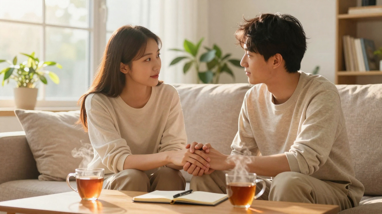 Casal sentado no sofá segurando as mãos e conversando, com chá quente sobre a mesa à frente.