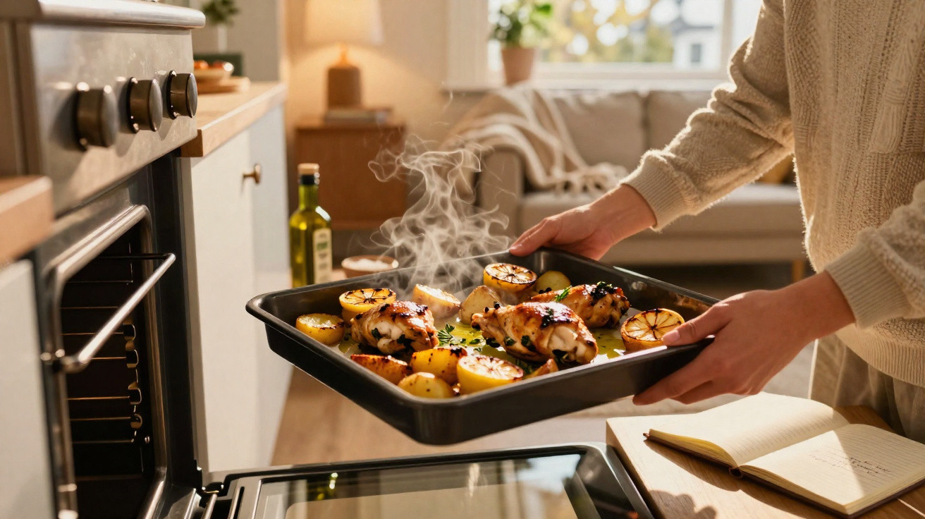 Pessoa retirando assadeira com frango assado e legumes do forno em cozinha aconchegante.