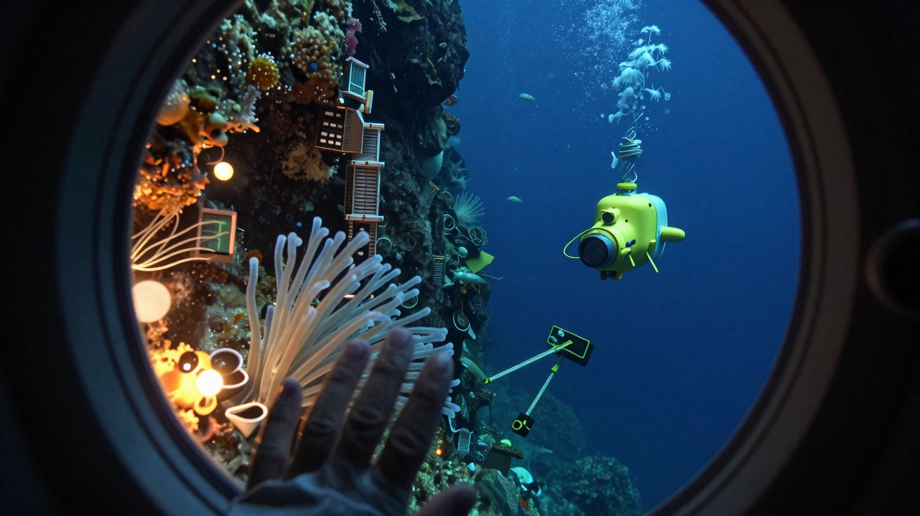 Visão subaquática por escotilha mostrando um robô amarelo explorando corais iluminados com mão humana ao fundo.