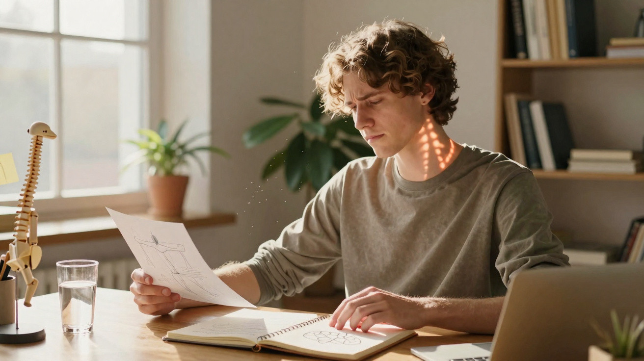 Jovem analisando desenhos técnicos enquanto estuda sentado à mesa iluminada por luz natural.