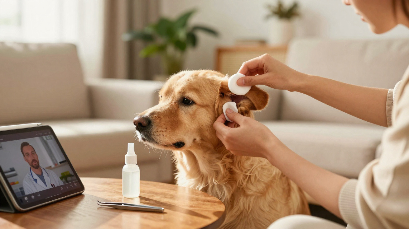 Pessoa cuidando da orelha de um cachorro dourado durante uma teleconsulta com veterinário no tablet.