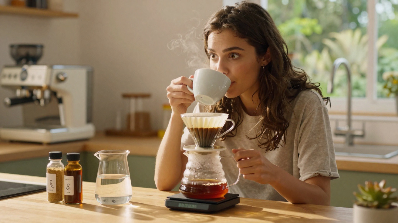 Mulher sentada em cozinha bebendo café coado em suporte de vidro sobre balança digital.