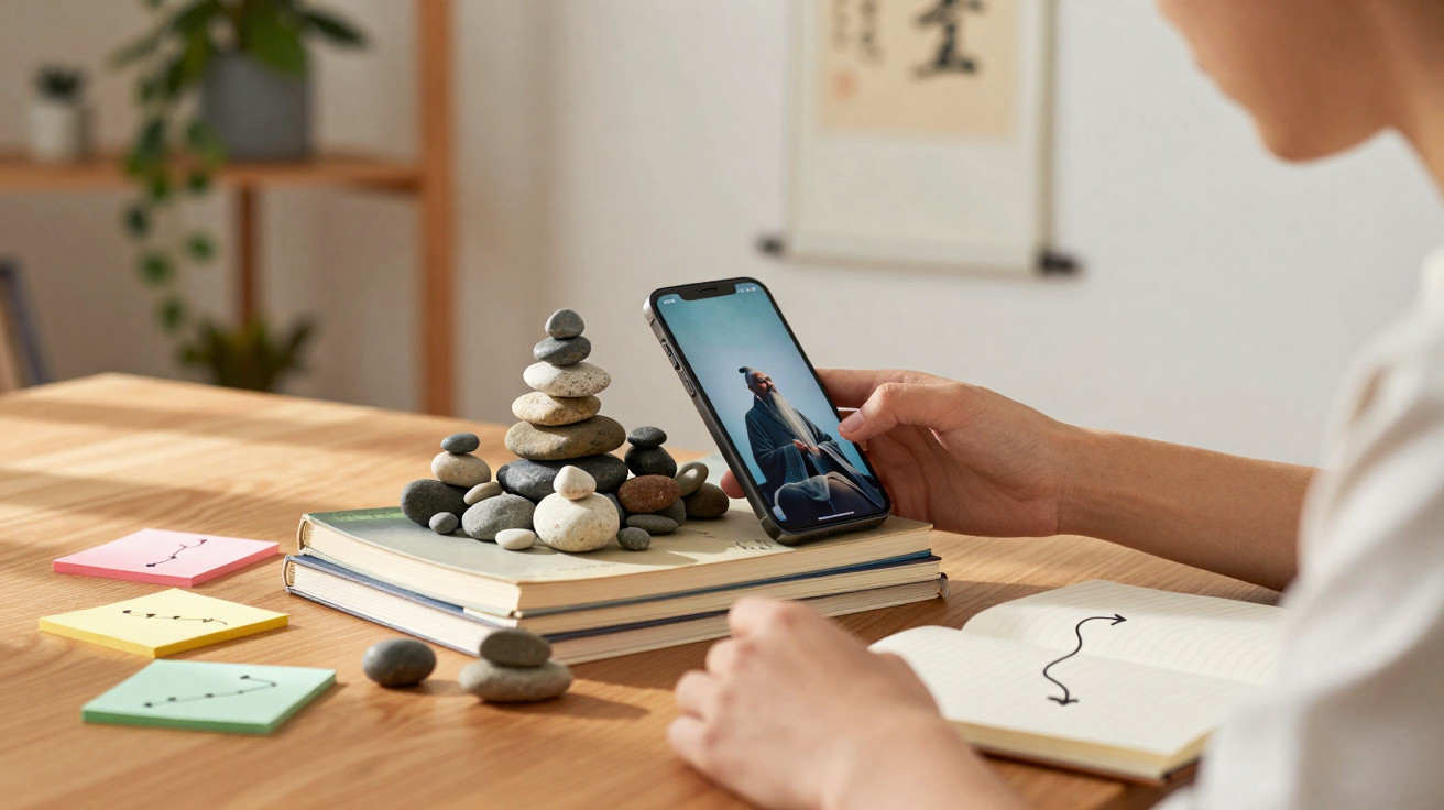 Pessoa segurando celular com imagem de meditação, pedras empilhadas, livros e notas coloridas numa mesa de madeira.
