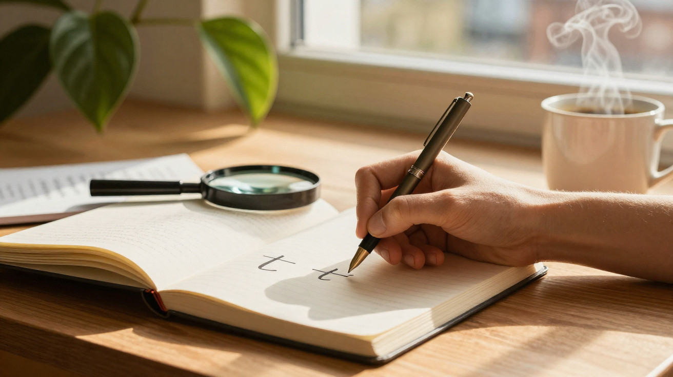 Mão escrevendo em caderno aberto sobre mesa com lupa, planta e caneca com fumaça de café ao lado.