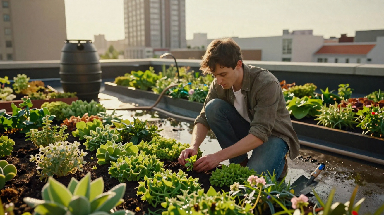 Jovem cuidando de plantas suculentas em jardim produtivo numa varanda urbana ao pôr do sol.