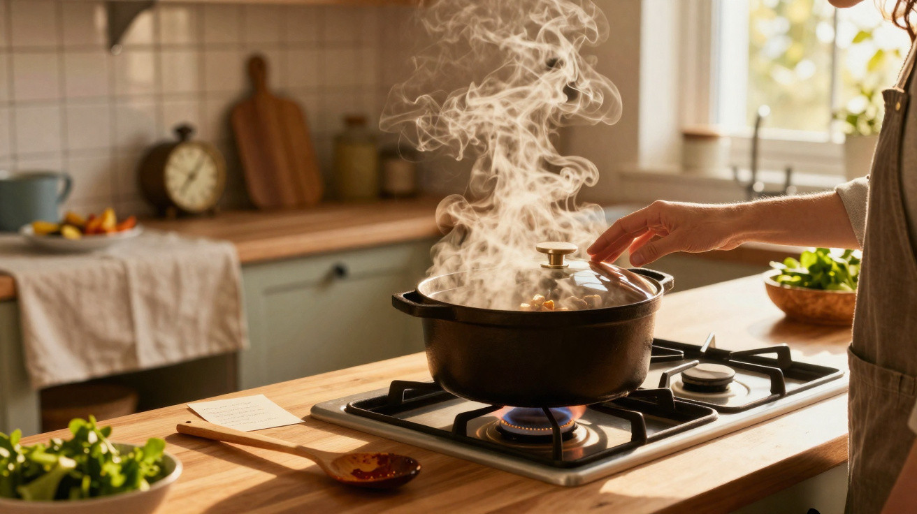 Pessoa retirando tampa de panela com vapor no fogão em cozinha iluminada pela luz natural.