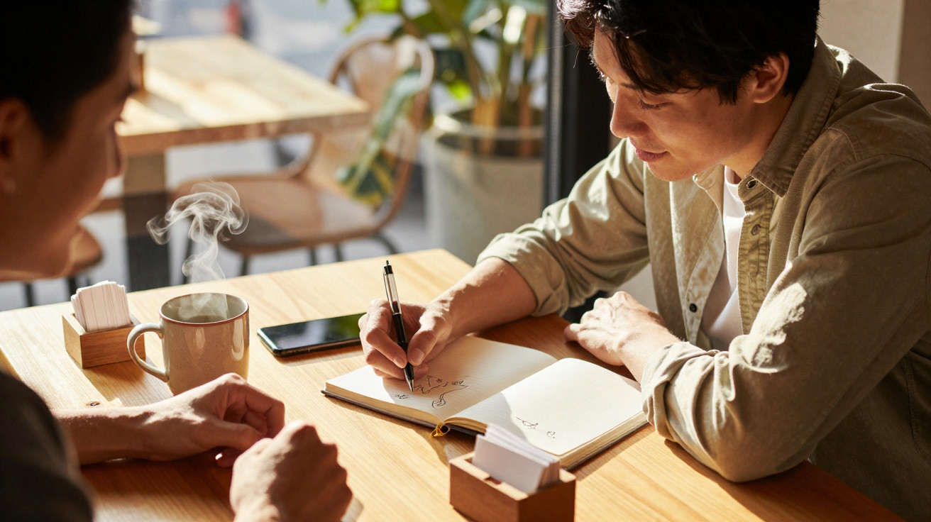 Duas pessoas sentadas à mesa, uma desenhando em caderno e outra observando, com caneca fumegante à frente.