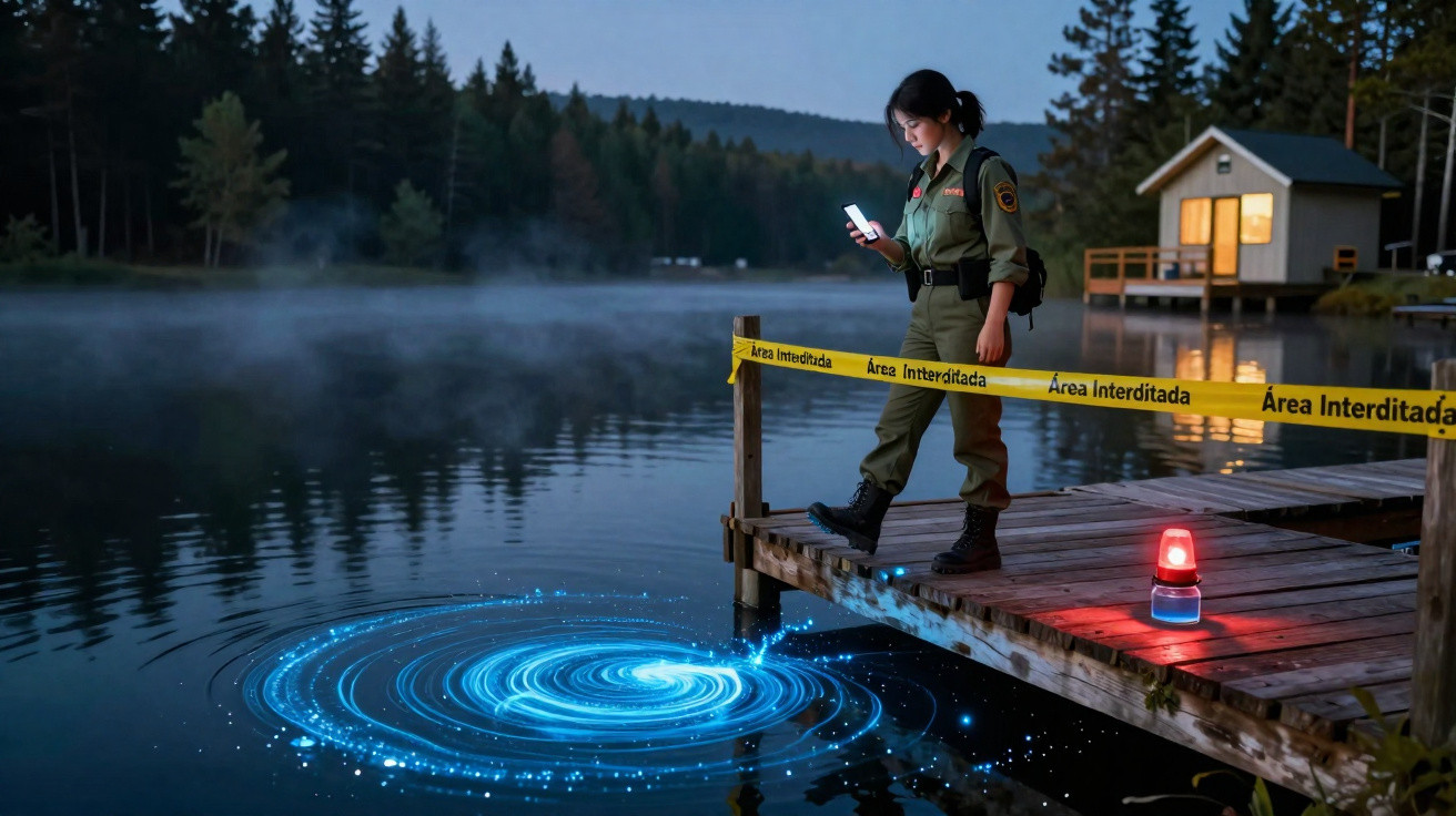 Mulher em uniforme militar observa dispositivo em lago misterioso com holograma azul em deck interditado à noite.