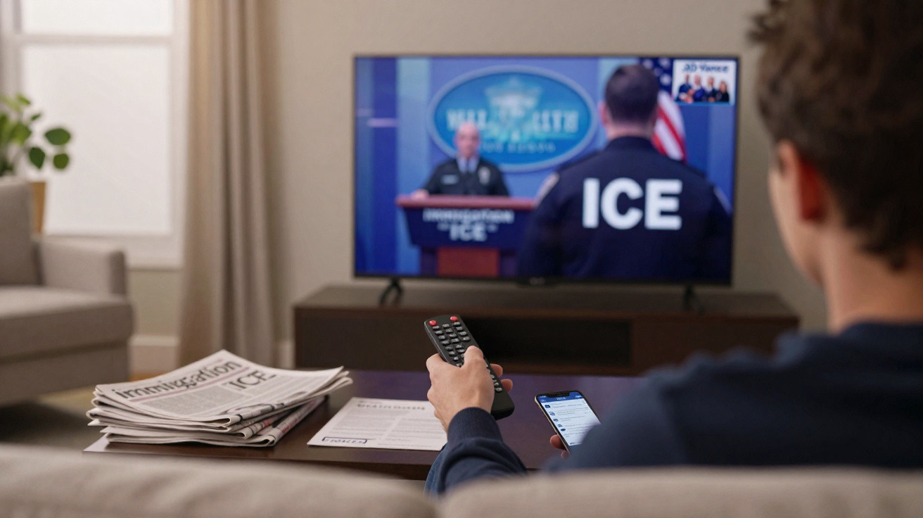 Pessoa assistindo notícia sobre ICE na TV, segurando controle remoto e celular em sala de estar.