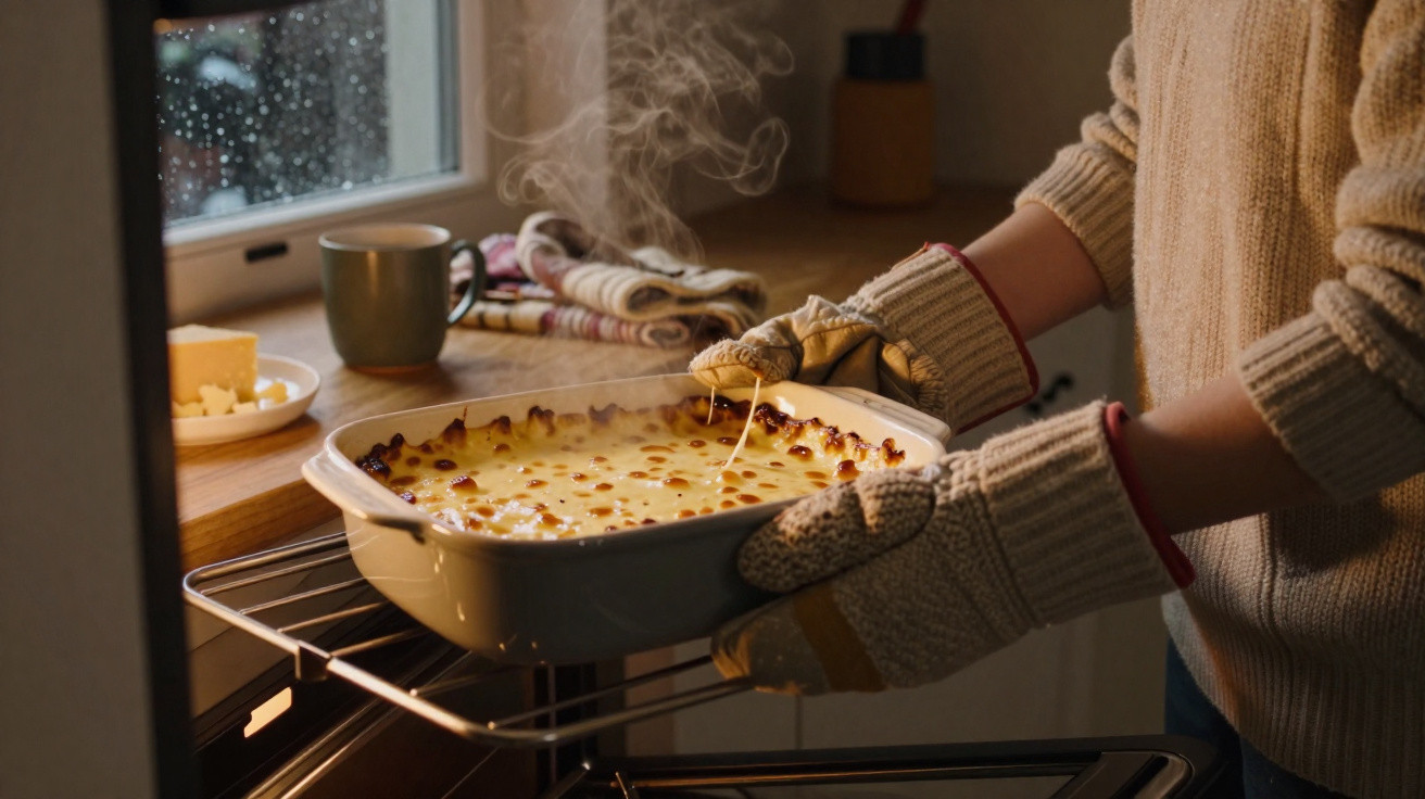 Pessoa retirando do forno uma travessa de sopa ou lasanha quente e fumegante usando luvas térmicas.