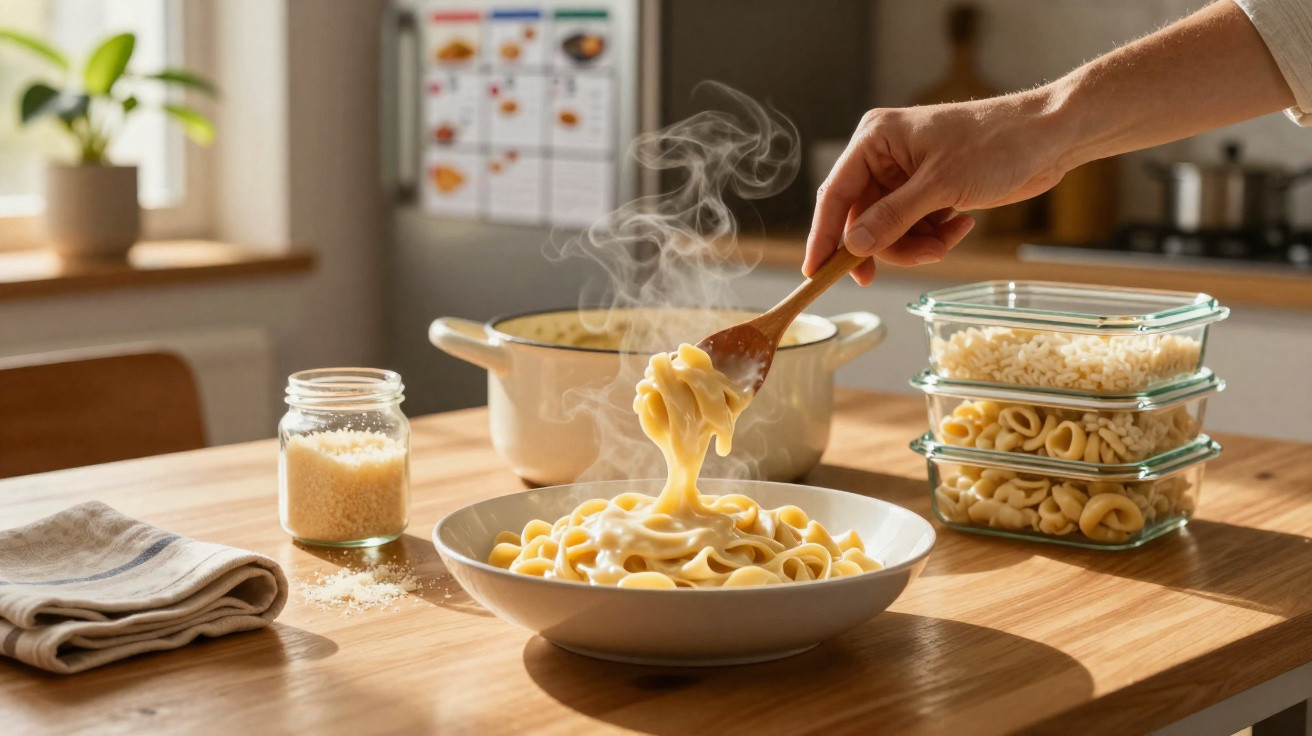 Mão colocando macarrão com molho branco em um prato branco sobre mesa de madeira em cozinha iluminada.