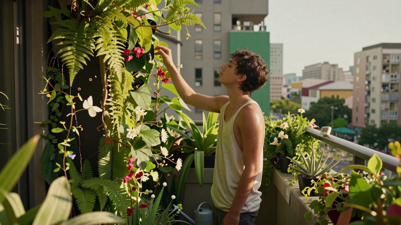 Jovem cuidando de plantas e flores em uma varanda ensolarada de apartamento na cidade.