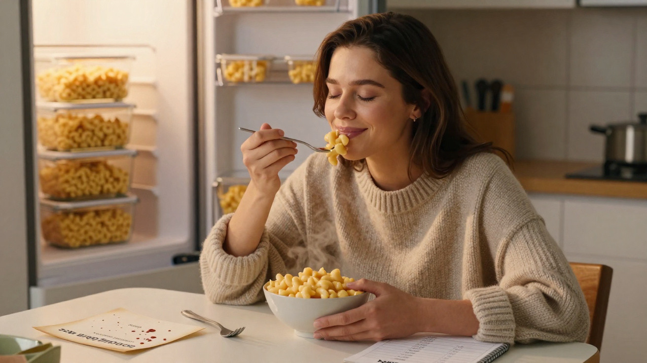 Mulher sorrindo saboreando macarrão quente em uma cozinha com potes de macarrão ao fundo.