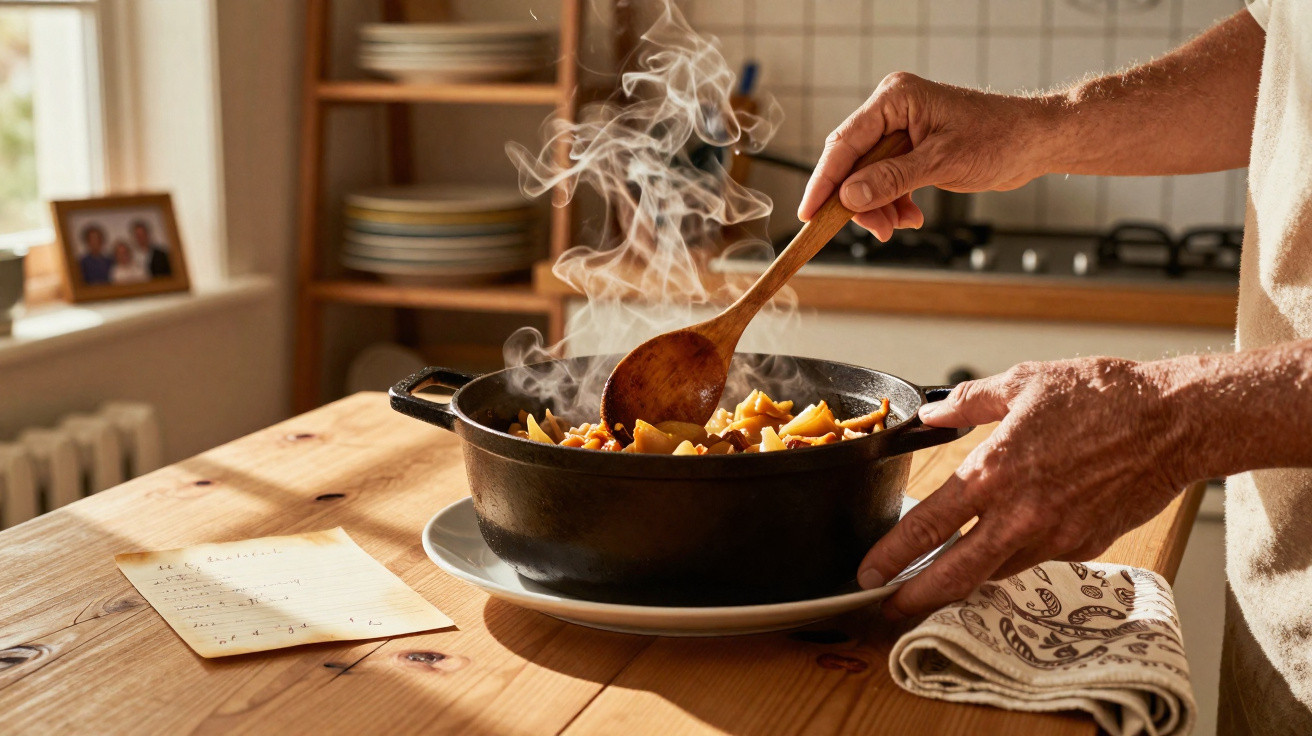 Pessoa mexendo com colher de pau uma panela preta com comida quente e vapor em mesa de madeira.