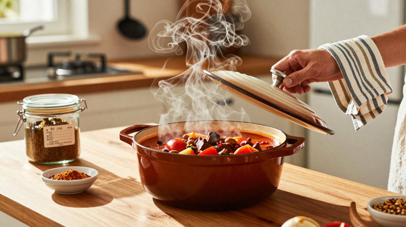 Panela com guisado quente sendo destampada em cozinha iluminada.