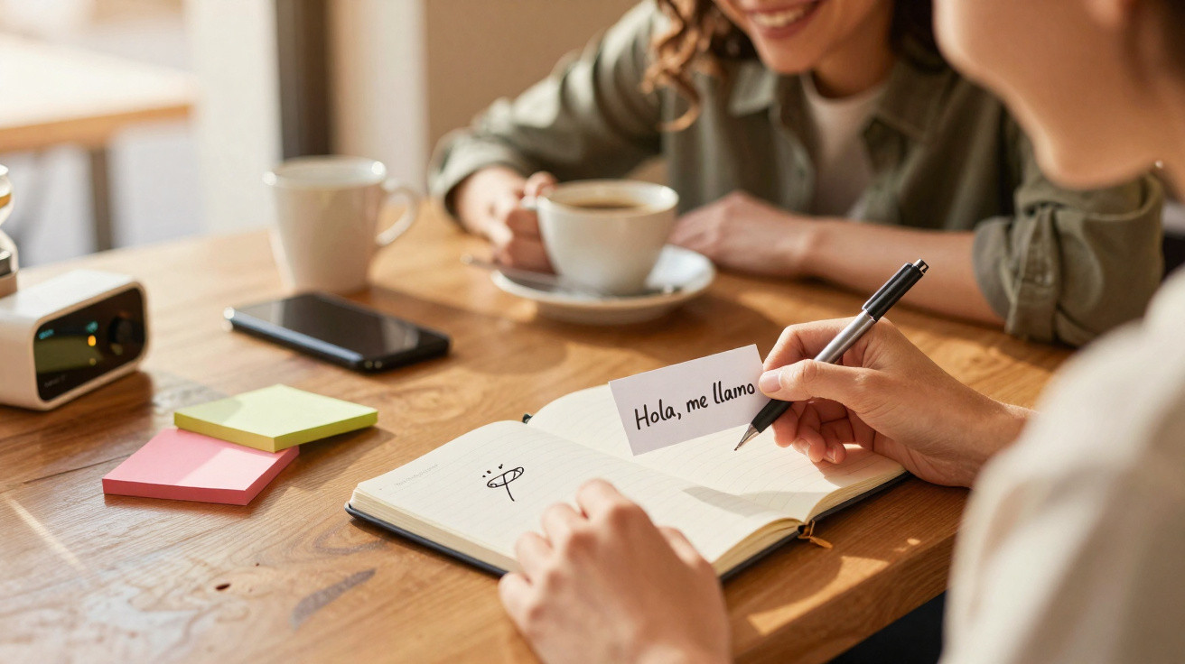 Duas pessoas sentadas à mesa, uma segura cartão escrito "Hola, me llamo" e um caderno aberto.