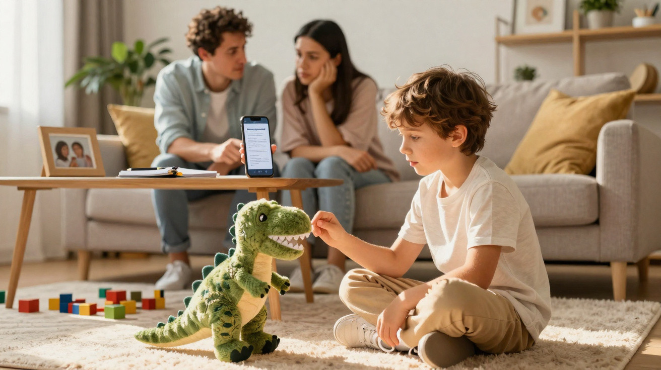 Criança brincando com dinossauro de pelúcia na sala enquanto adultos conversam ao fundo no sofá.