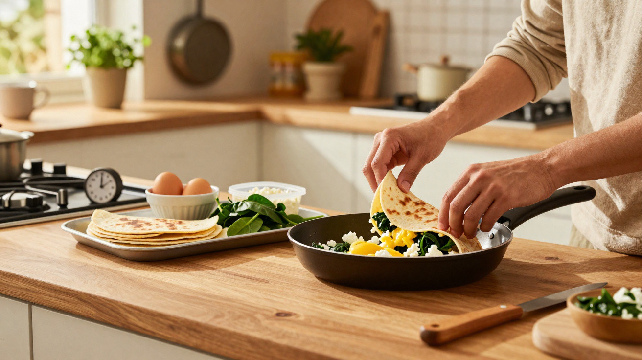 Pessoa preparando tortilla com ovos e espinafre em cozinha com ingredientes sobre bancada de madeira.