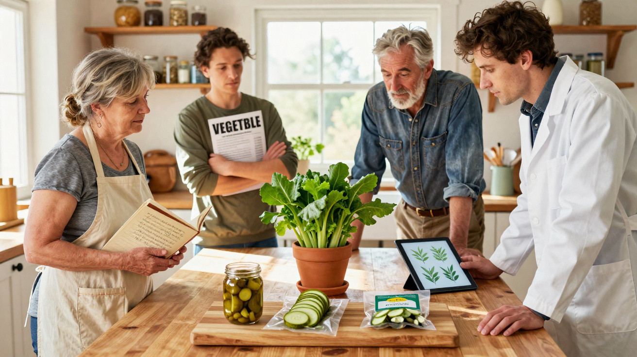 Grupo de quatro pessoas analisando planta em vaso na cozinha, com livro, tabela e alimentos sobre mesa de madeira.