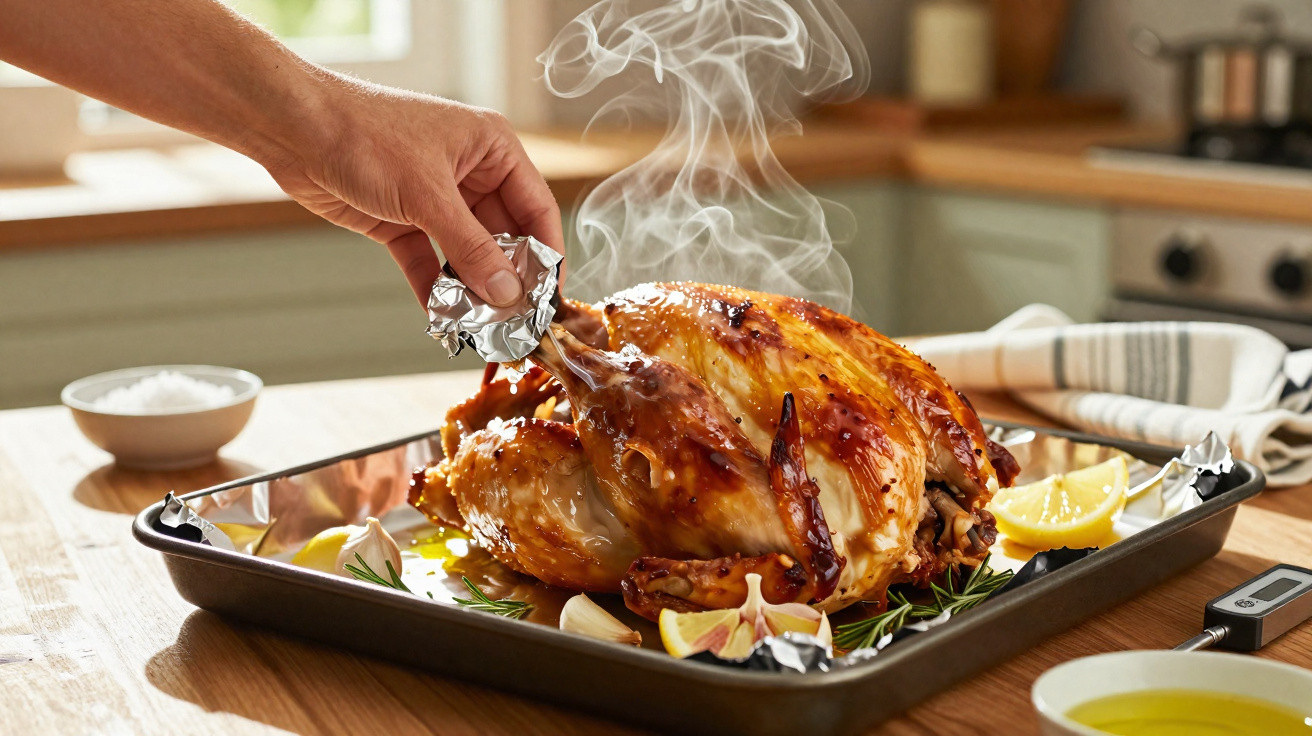 Pessoa segurando o frango assado fumegante em assadeira com ervas, limão e alho na cozinha.