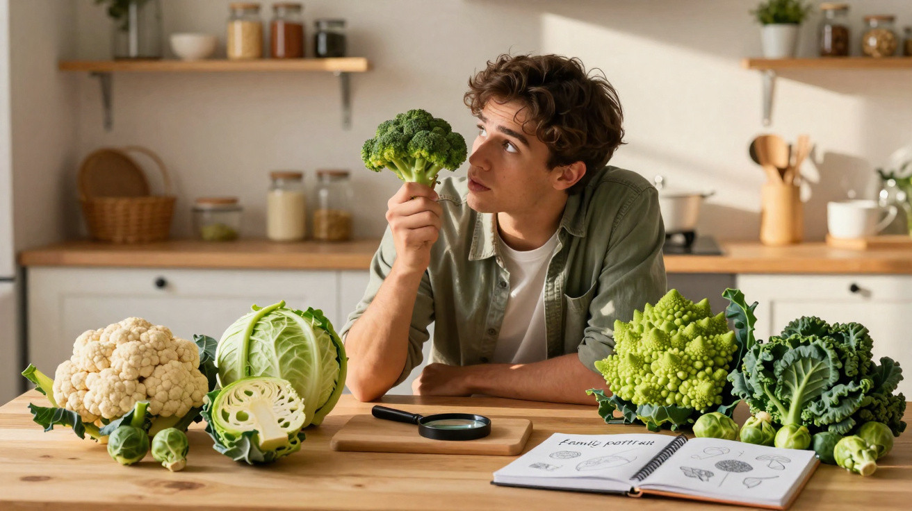 Homem analisando brócolis em cozinha com vegetais e caderno de botânica sobre mesa de madeira.