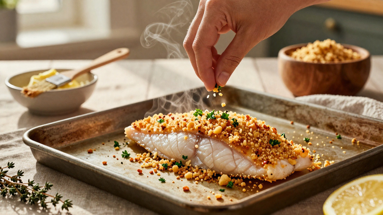 Mão salpicando temperos sobre filé de peixe em assadeira com vapor, em mesa com ingredientes ao fundo.