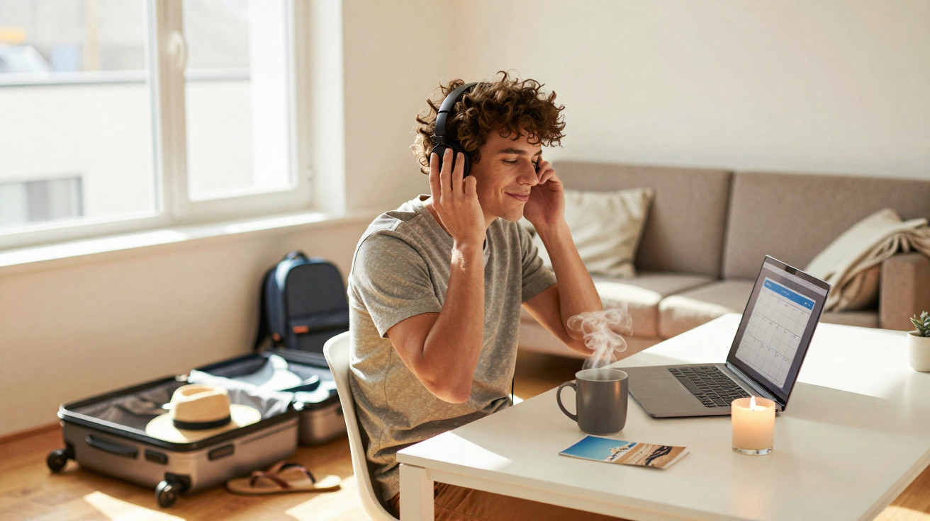 Homem jovem ouvindo música com fones, sentado em mesa com laptop, vela acesa e mala aberta ao fundo.