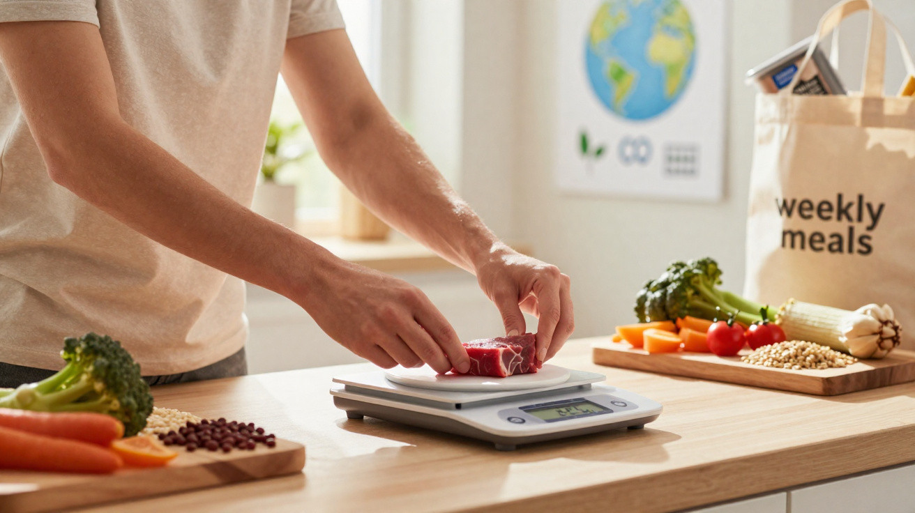 Pessoa colocando pedaço de carne em balança digital na cozinha com legumes ao redor.