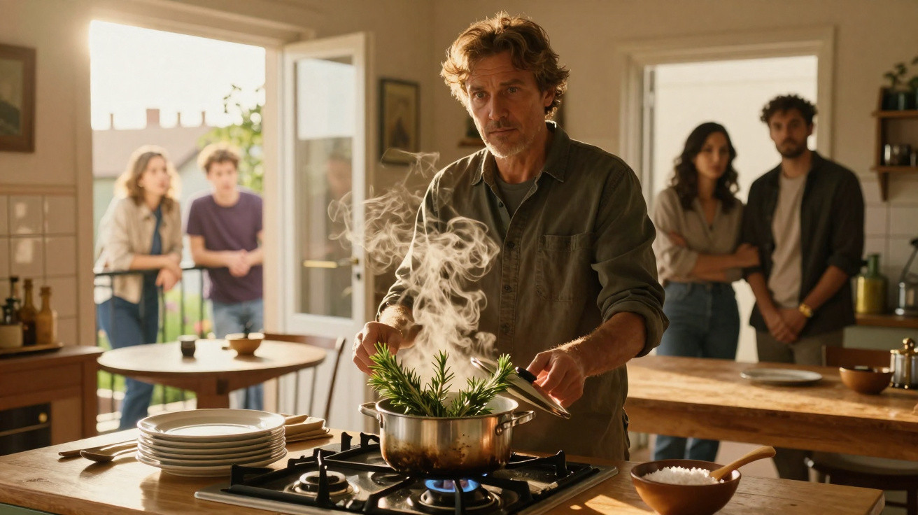 Homem abre panela com ervas que soltam vapor em cozinha, com quatro pessoas ao fundo observando.