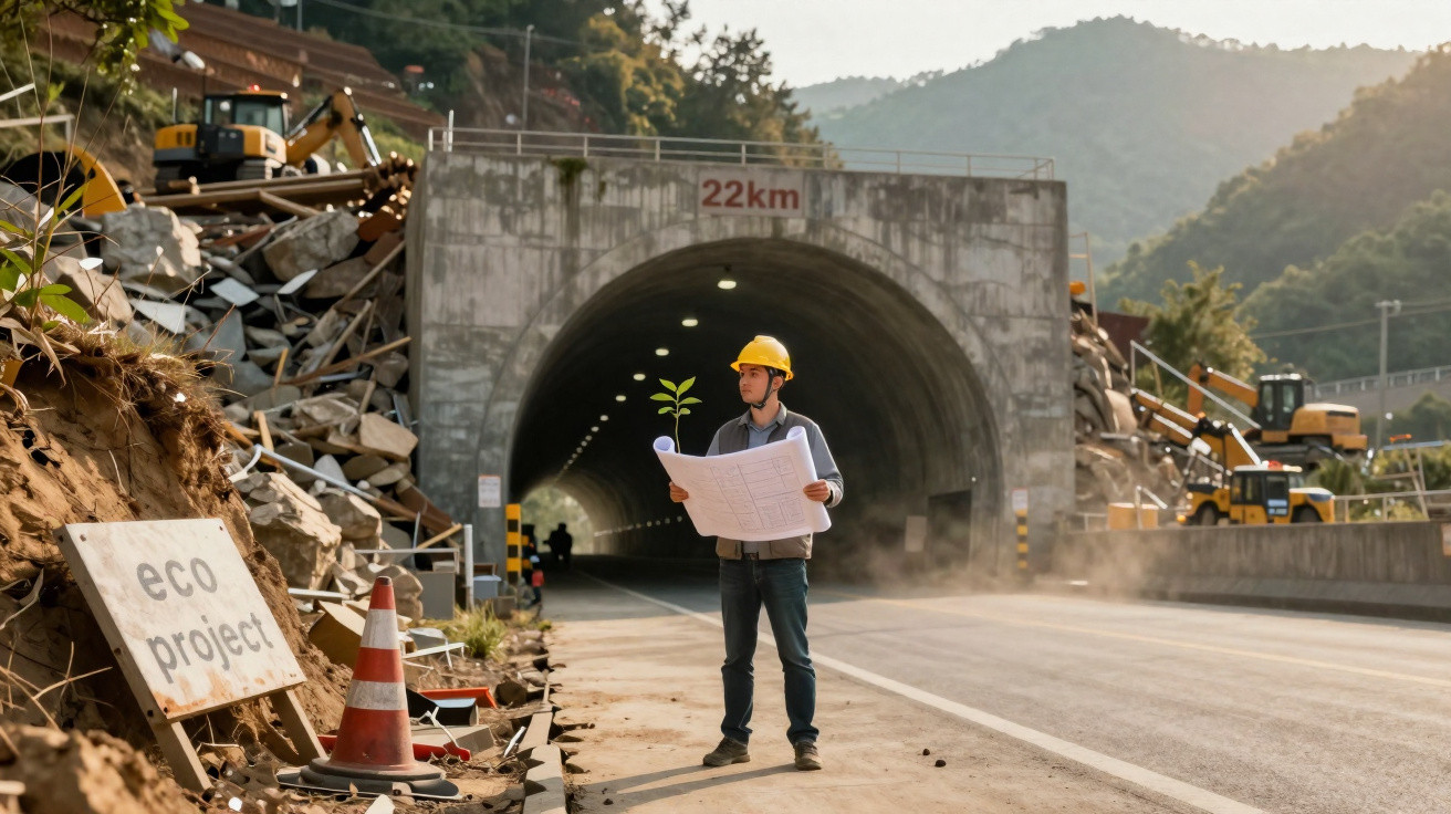 Engenheiro com capacete e planta segura planta e plantas projeto ecológico em obra perto de túnel rodoviário.