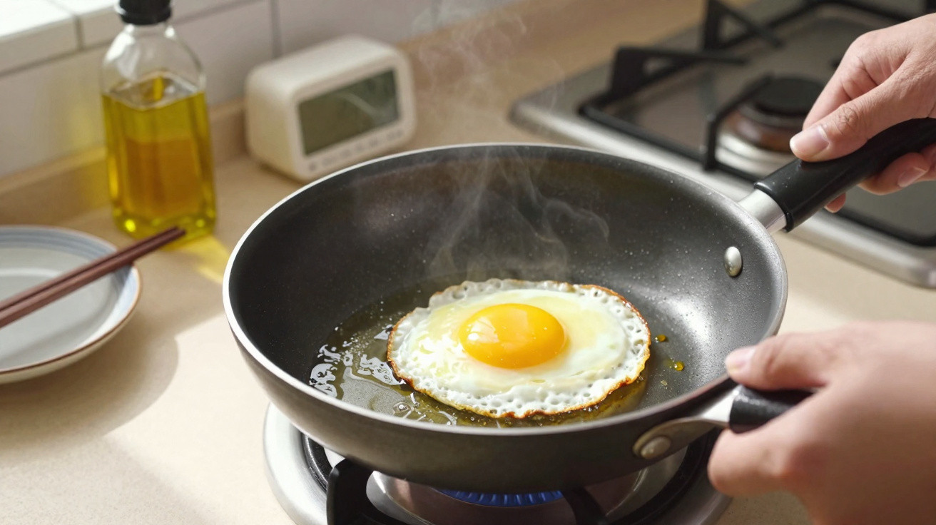 Ovo frito na frigideira sendo preparado no fogão a gás em cozinha com utensílios ao fundo.