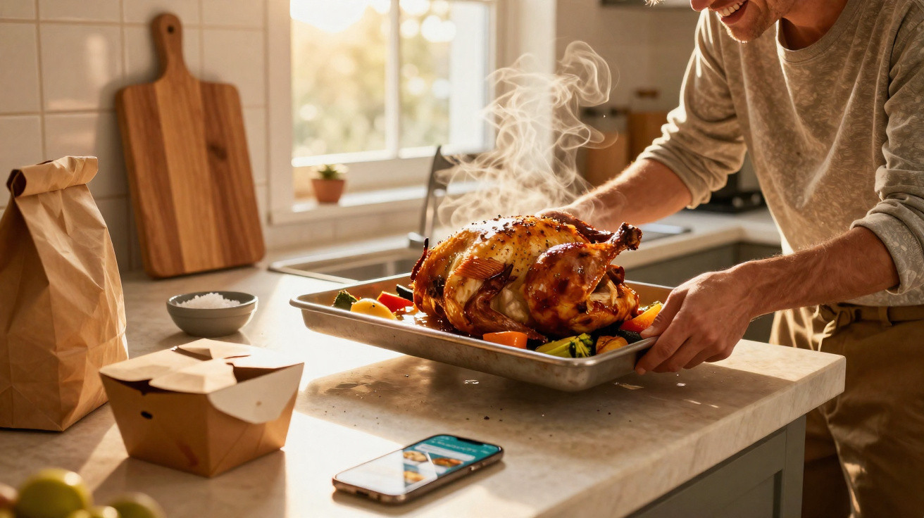 Pessoa segurando assadeira com frango assado fumegante em cozinha iluminada, com celular e embalagem na bancada.