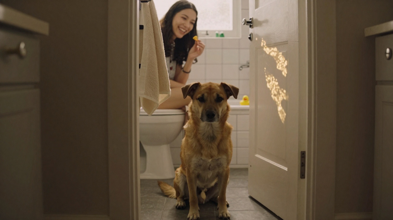 Cachorro sentado na porta do banheiro com mulher sorrindo ao fundo segurando brinquedo.