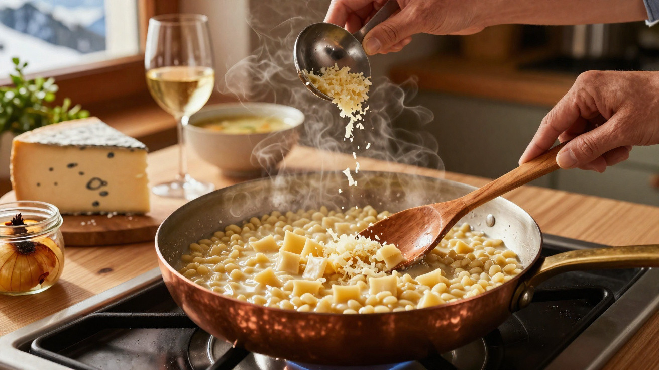 Mãos adicionando queijo ralado em panela com massa e caldo, ao lado de queijo e taça de vinho branco.