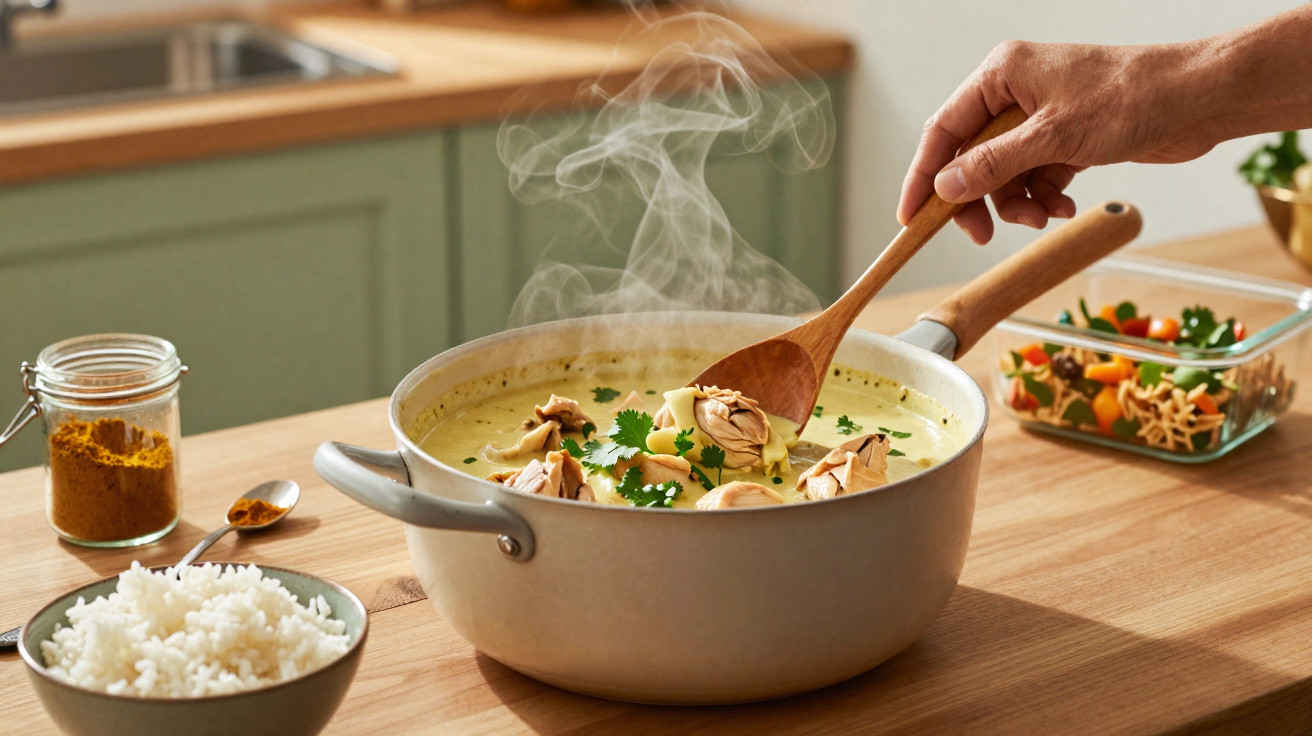 Panela de sopa quente com frango e coentro numa mesa com arroz, tempero e salada ao fundo.