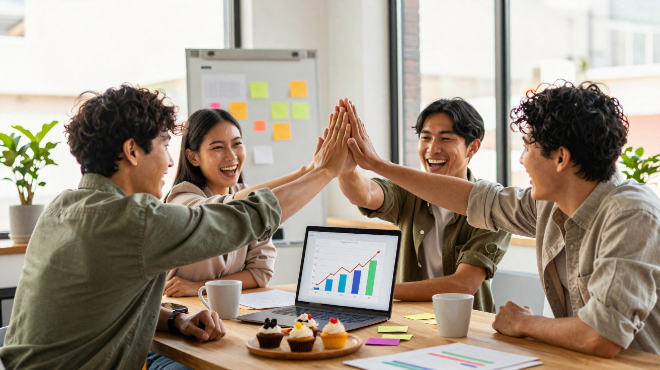 Quatro jovens celebrando reunião de trabalho com high five ao redor de mesa com laptop e gráficos.