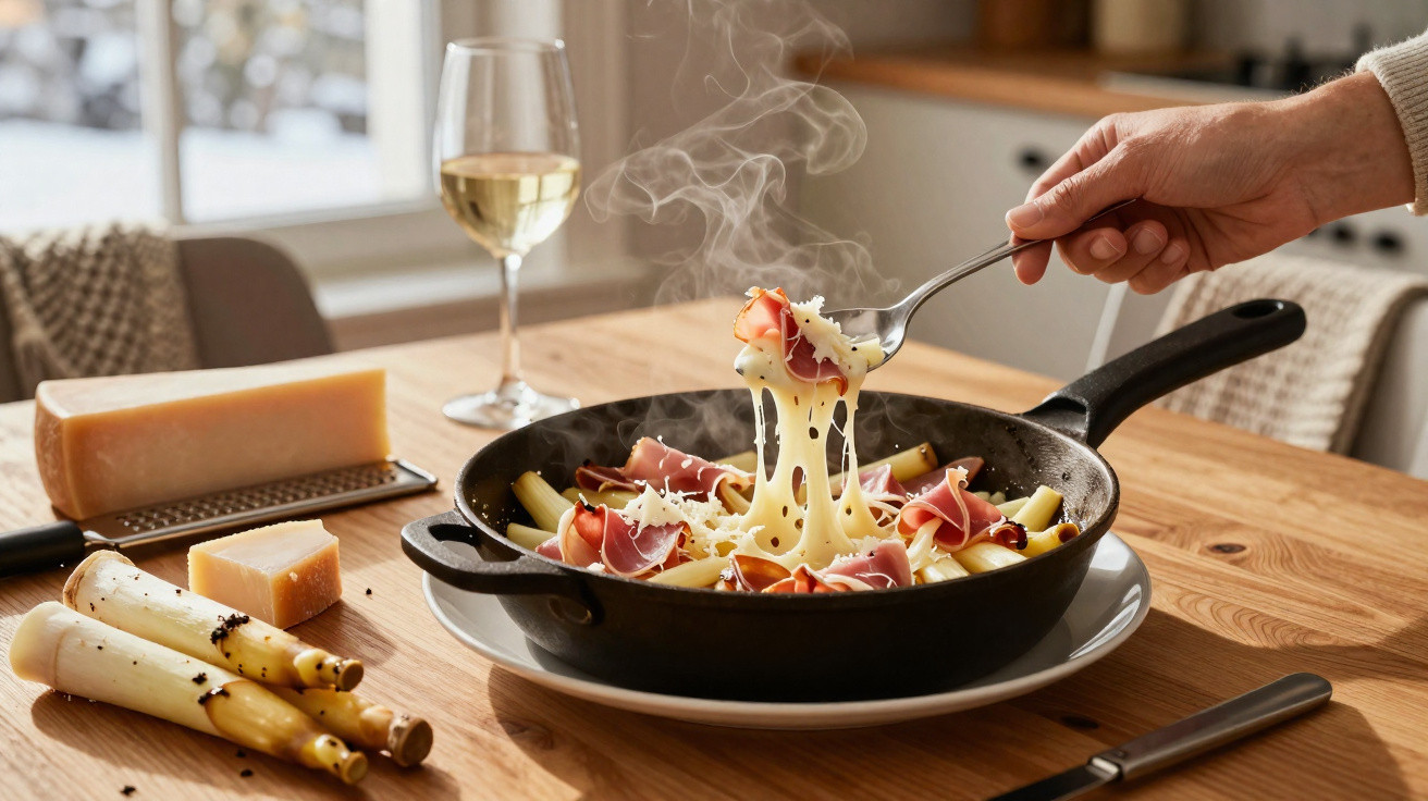 Mão segurando garfo com macarrão ao molho cremoso e presunto em frigideira com queijo e vinho ao fundo.