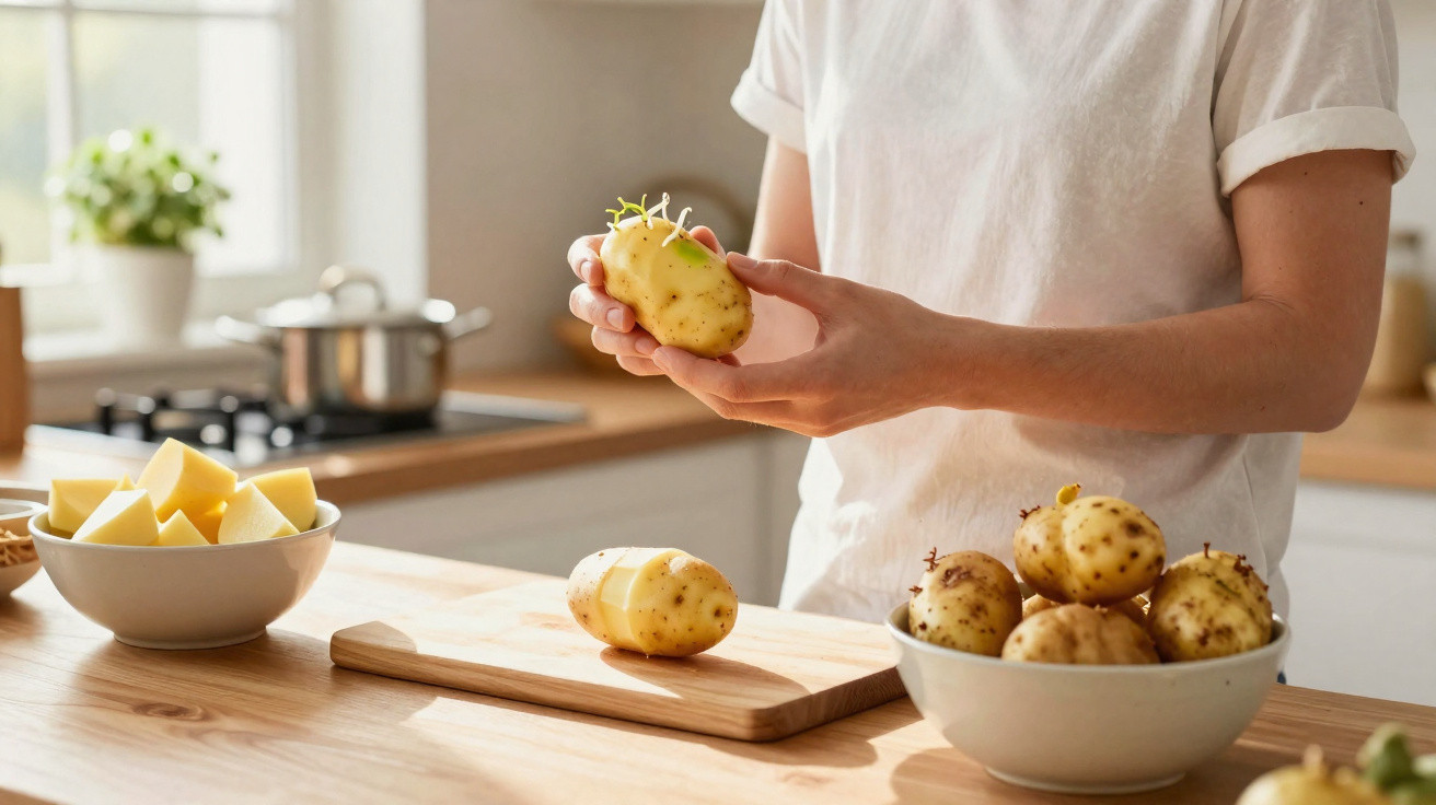 Pessoa descascando batata em uma cozinha clara com tigela de batatas e legumes cortados em uma bancada de madeira.