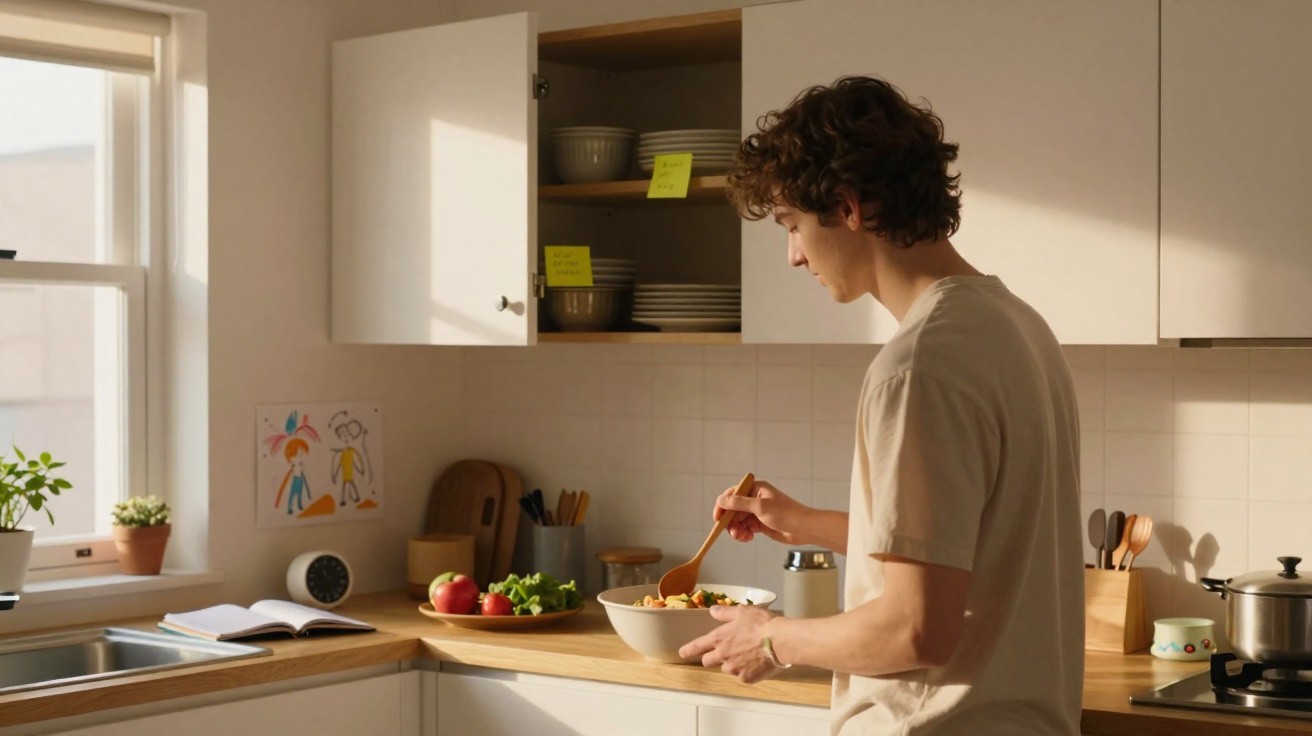 Jovem preparando salada em cozinha clara com luz natural entrando pela janela.