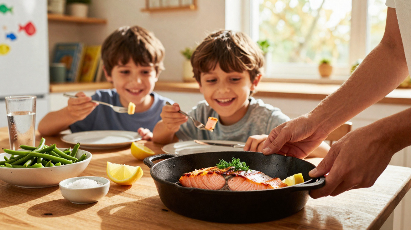 Duas crianças sorrindo à mesa com prato de salmão grelhado sendo servido em frigideira preta.