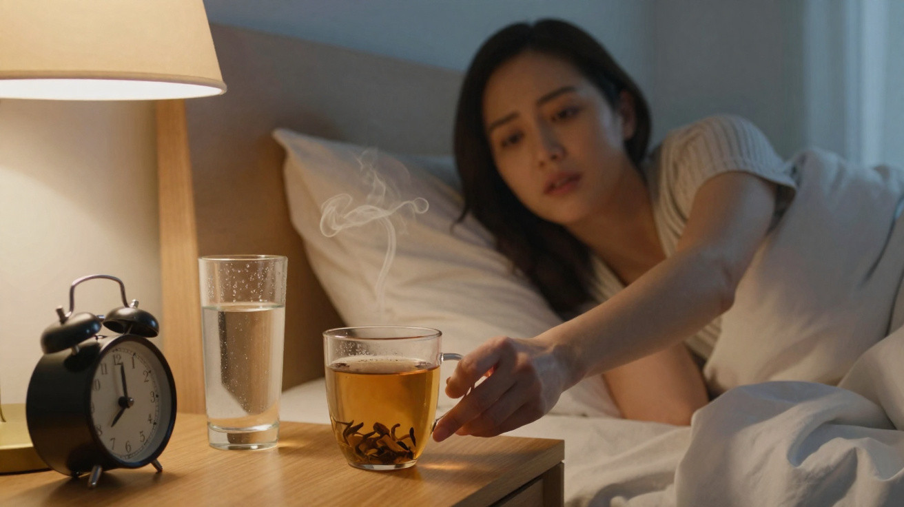 Mulher deitada na cama estendendo a mão para pegar uma xícara de chá quente na mesa ao lado.